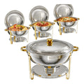 WARMOUNTS Chafing Dish 4er Set 8,5L Silber & Gold, Speisenwarmer Buffet Rund Edelstahl mit Gold-Akzenten & Deckelhalter, Warmhaltebehalter Stapelbar Catering Rechaud fur Partys, Hochzeiten & Events