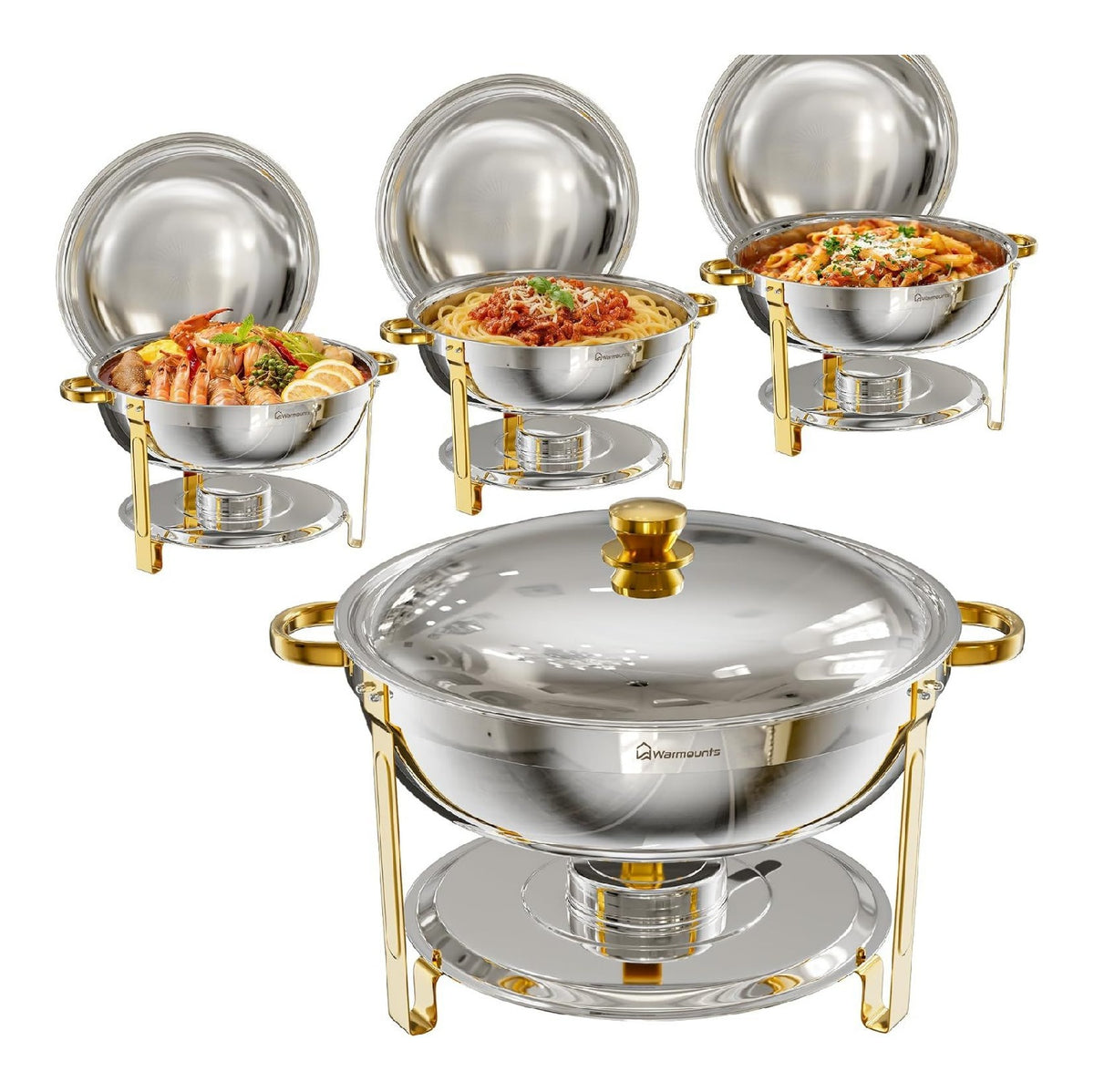 WARMOUNTS Chafing Dish 4er Set 8,5L Silber & Gold, Speisenwarmer Buffet Rund Edelstahl mit Gold-Akzenten & Deckelhalter, Warmhaltebehalter Stapelbar Catering Rechaud fur Partys, Hochzeiten & Events