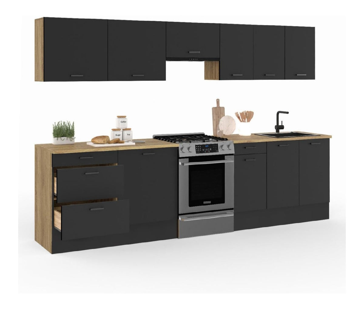 Komplette Kuche Fronteinsatz 300 cm SUBTIL mit Arbeitsplatte 9 Elemente Holz und Schwarz