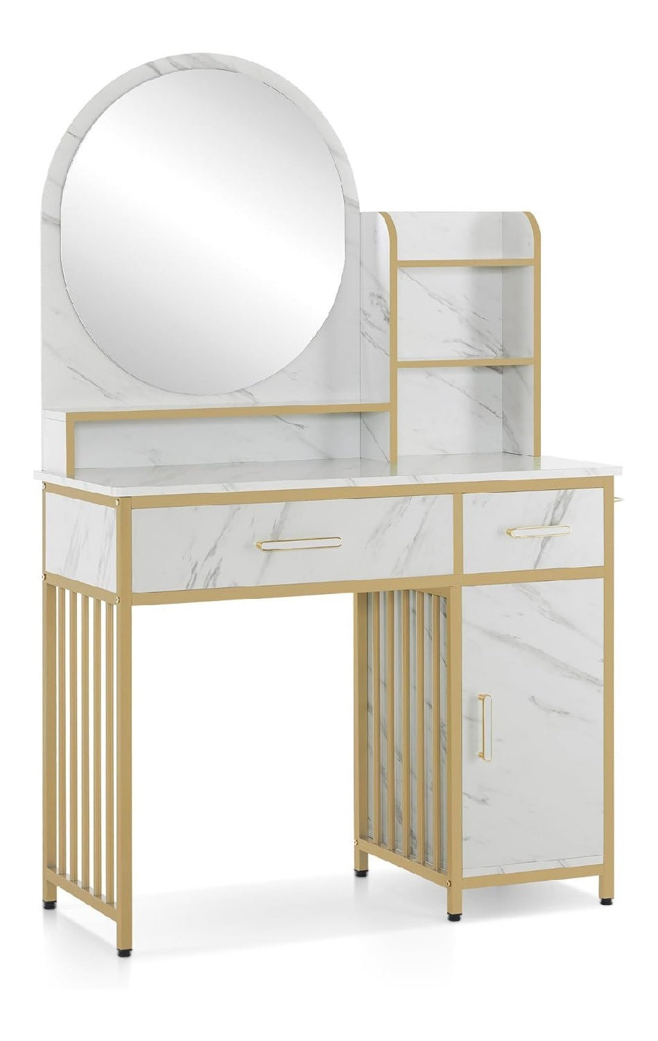 M MCombo Schminktisch mit Spiegel, Frisiertisch Make-up Tisch mit 2 Schubladen, 3 Offene Ablagen, Fohnhalter, Kosmetiktisch aus Holz Metallgestell, Wei -Gold, 2501