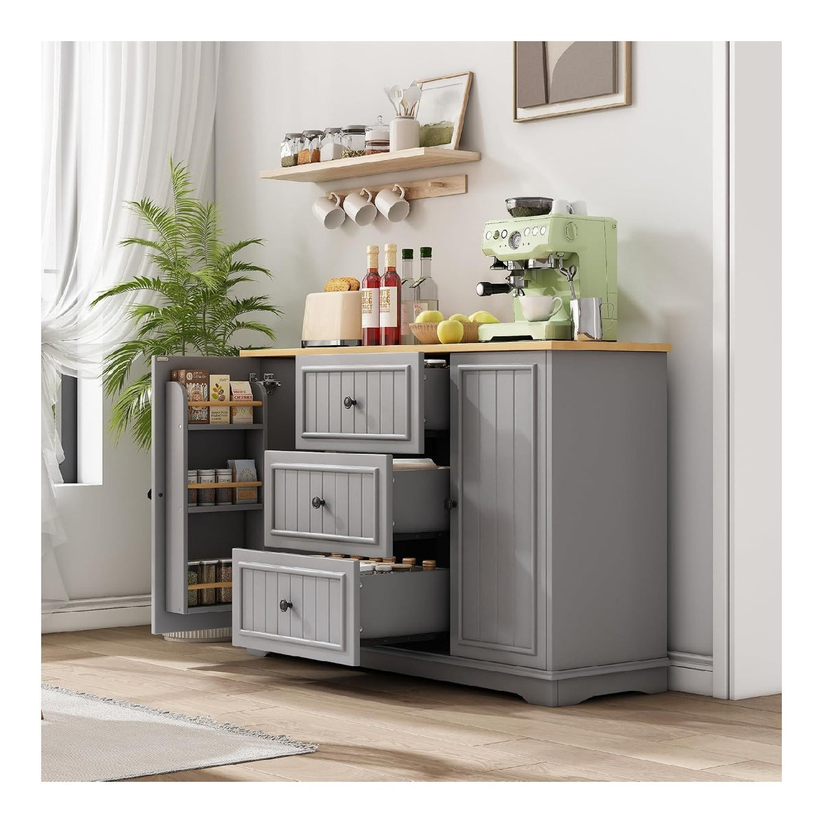 Elegantes Sideboard Mit 3 Schubladen Und Kuhlschrankturen, Buffetschrank Fur Esszimmer, Wohnzimmer Und Diele in Grau