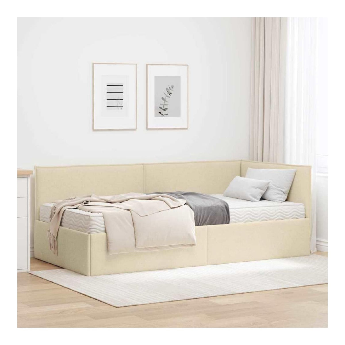 Eckbettgestell mit Matratze, 204x104x74 cm, Creme Samt, mit Kopfteil, Polyester Ruckenlehne, umwandelbarer Rahmen fur Schlafzimmer und Wohnzimmer