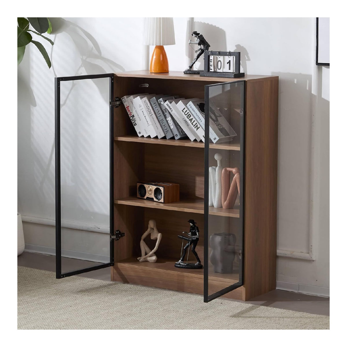 Sideboard mit 2 Glasturen, Modern Vitrinenschrank Glasvitrine Glasschrank Aufbewahrungsschrank Komodenschrank Mehrzweckschrank KUchenschrank fur Wohnzimmer, 80x32x106cm