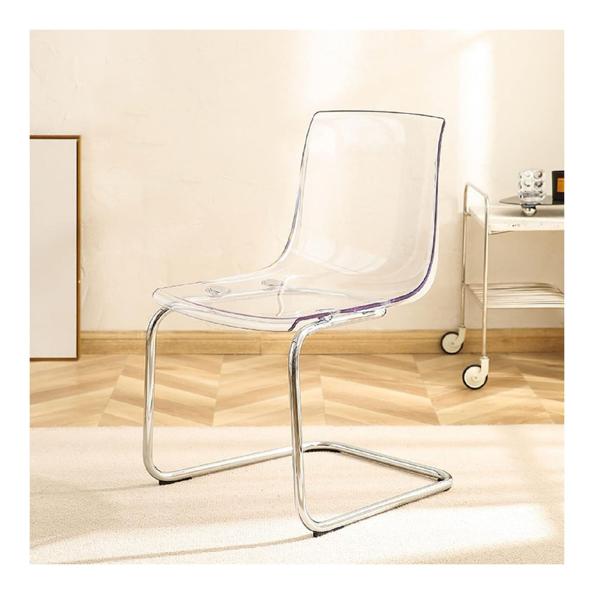 Esszimmerstuhl mit transparenter Ruckenlehne, minimalistisches Design, Acryl-Stuhl fur Esszimmer, Wohnzimmer, Buro - verzinkte Beine, klare Stuhllehne