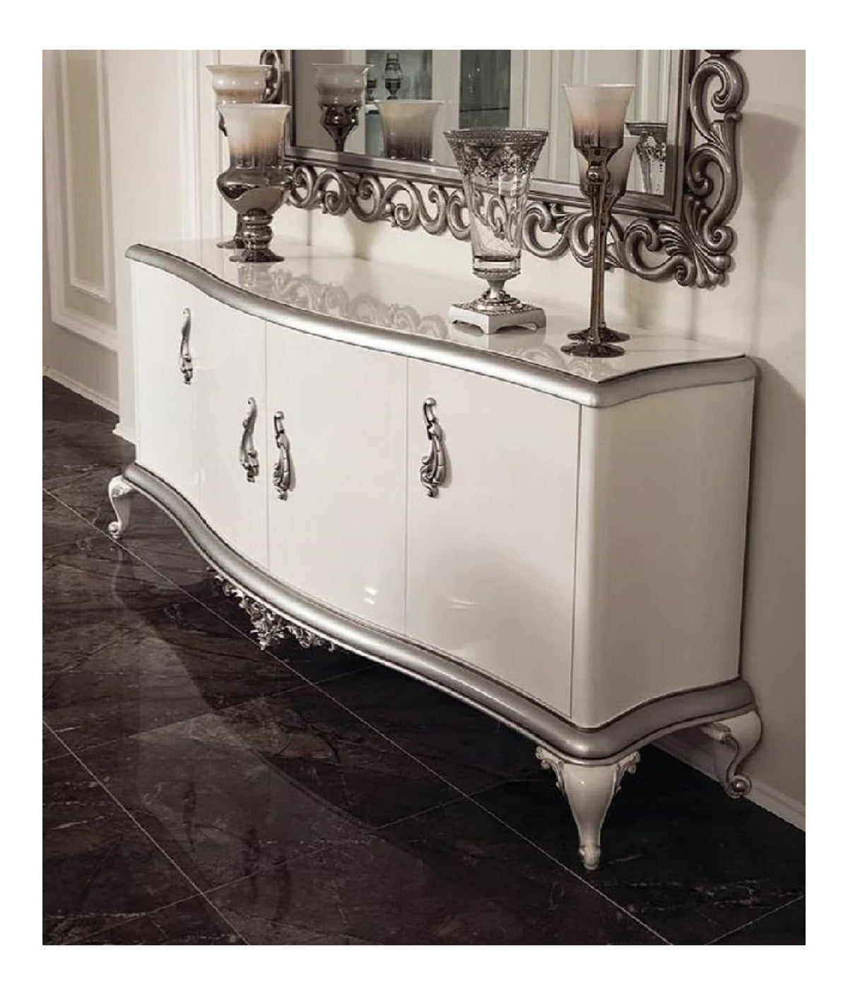 Luxus Barock Sideboard Wei /Silber 207 x 54 x H. 90 cm - Edler Massivholz Schrank mit 4 Turen - Mobel im Barockstil