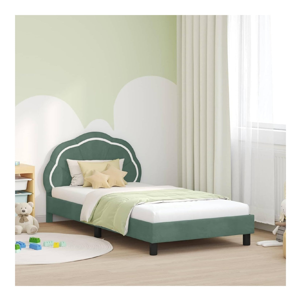 Kinderbettgestell mit Kopfteil, Meergrun 80x200 cm, Samt, Holzwerkstoff, Plattform Bettrahmen, modernes Schlafzimmermobel, Stauraum