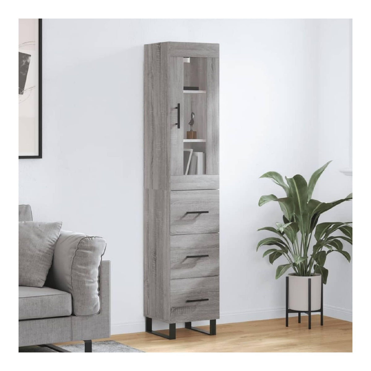 Highboard Grau Sonoma 34,5x34x180 cm, Holzwerkstoff Schrank mit Stauraum, modernes Sideboard Buffet Cabinet fur Wohnzimmer, Esszimmer, Kuche