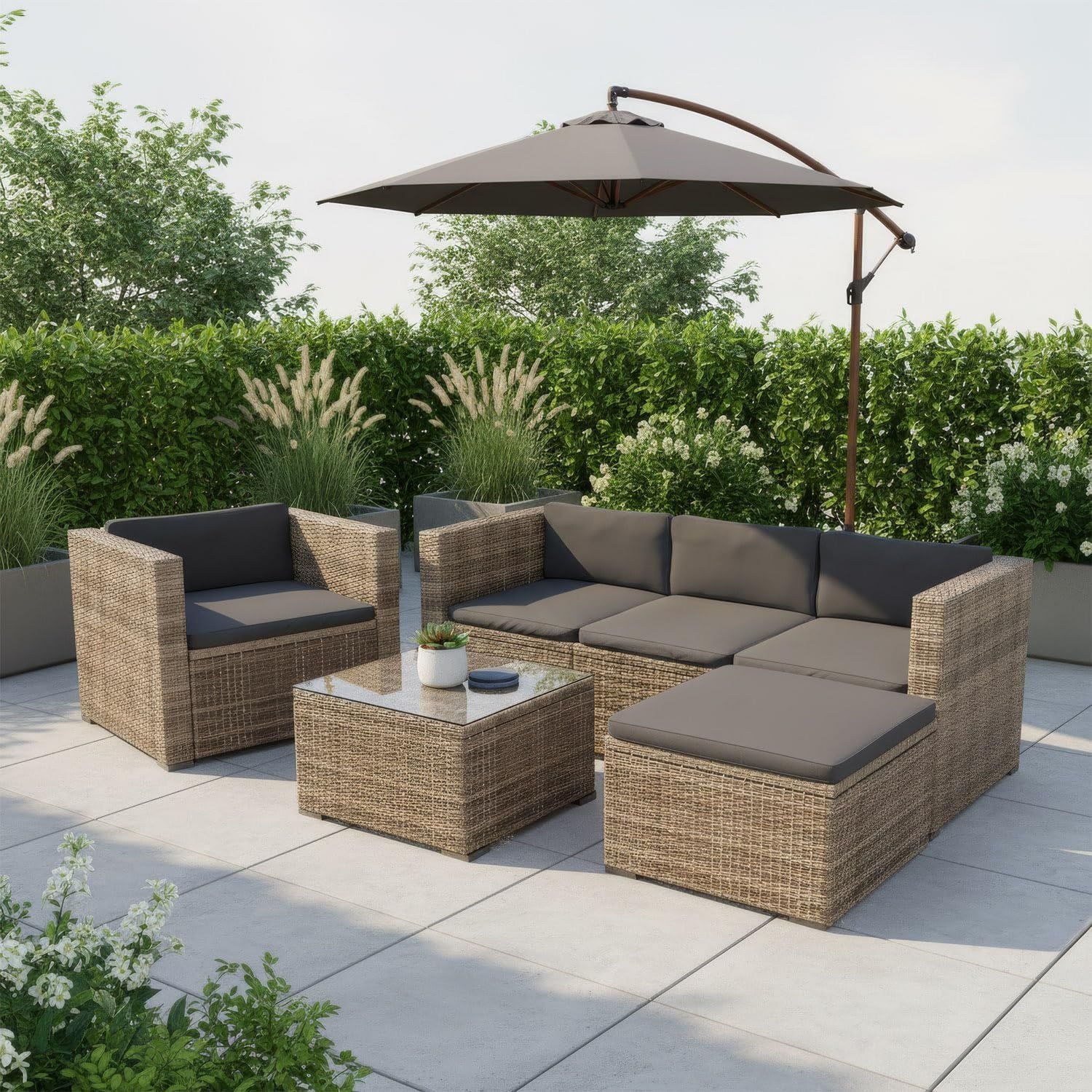 Hochwertige Polyrattan Lounge Punta Cana L geeignet f¨¹r 4 bis 5 Personen ausgestattet mit 3er Sofa Sessel Hocker Kissen Balkonm?belSet f¨¹r Terrasse und Balkon Gartenmoebel Set wetterresistent grau meliert Variante 693