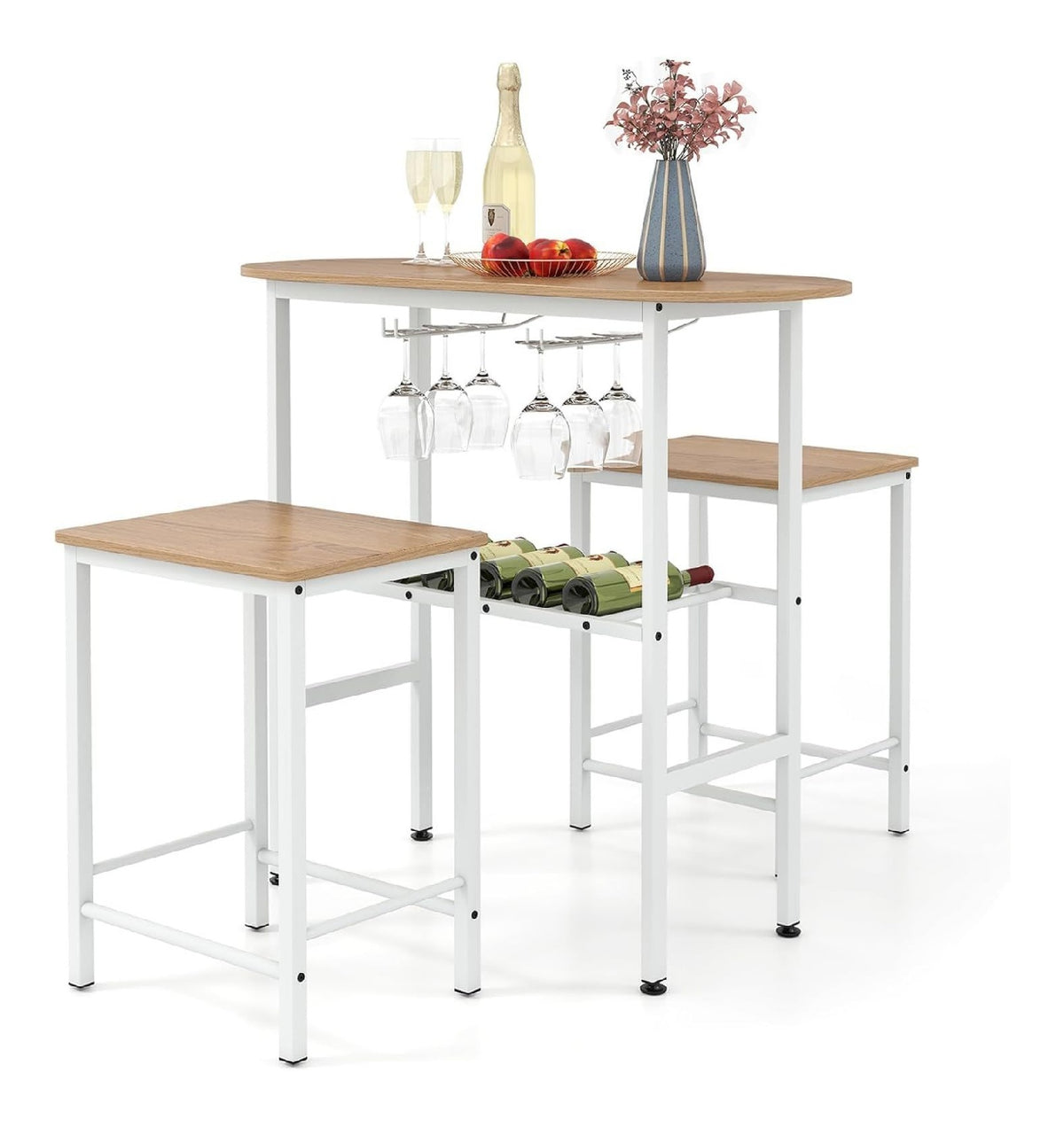 FANTASK Bartisch Halterungen fur Weinglaser & Flaschen, Bartisch Set, 2 Personen Barhocker Set mit Kuchentheke Hausbar fur Wohnzimmer, Esszimmer und Kuche (Wei )
