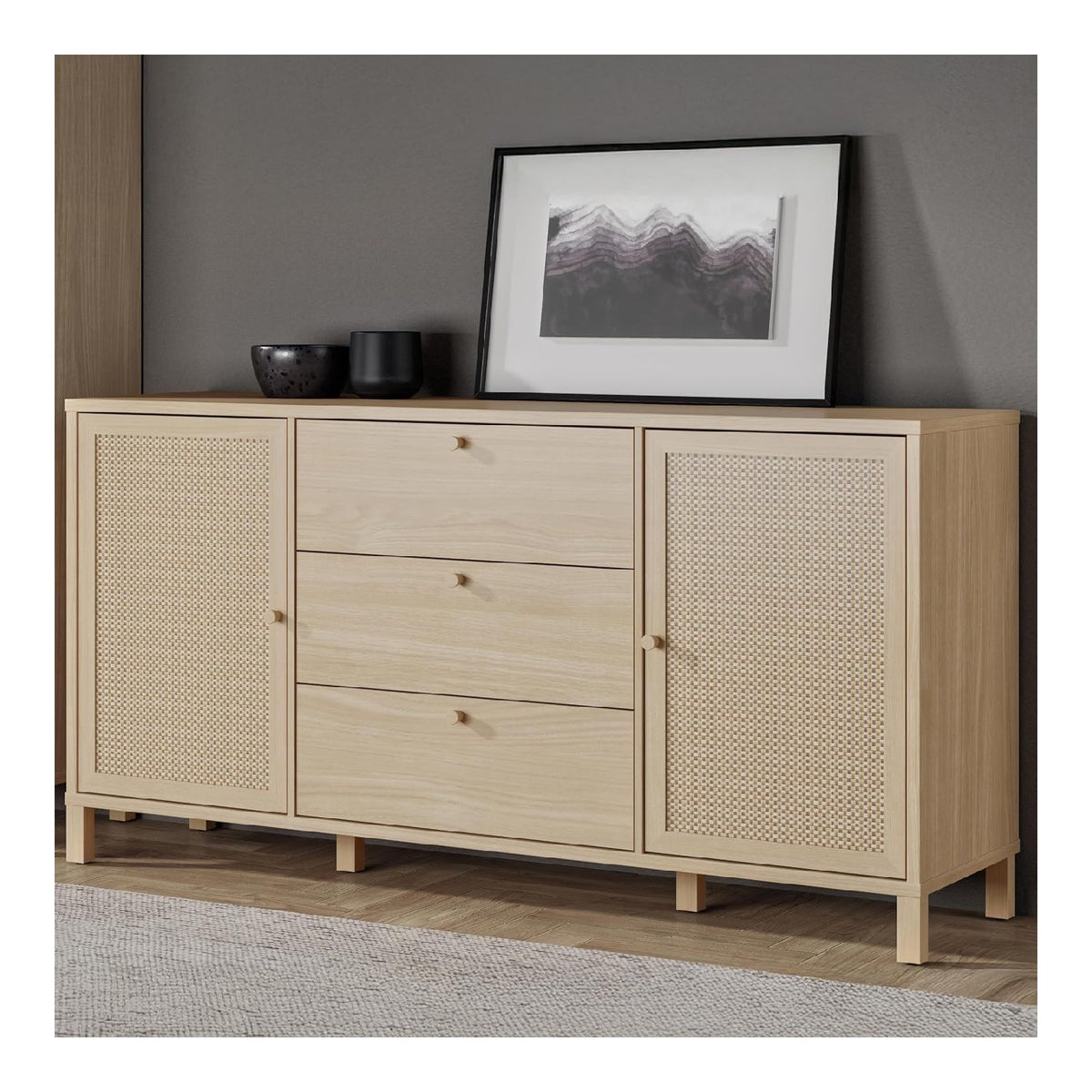 SKELBIT Sideboard 160, gro e Kommode im Boho-Stil, 2-turig, 3 Schubladen, Holzwerkstoff, Wohn-/Schlafzimmer, Elegancia Eiche Holzdekor Technorattan, 162,8 cm breit x 82,5 cm hoch x 42 cm tief