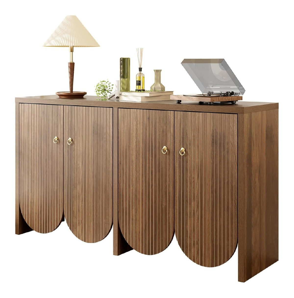Sideboard Walnussoptik 147x40x80 cm Mit 4 Turen, Verstellbaren Boden & Alugriffen, Aufbewahrungsschrank Fur Wohnzimmer, Esszimmer, Flur