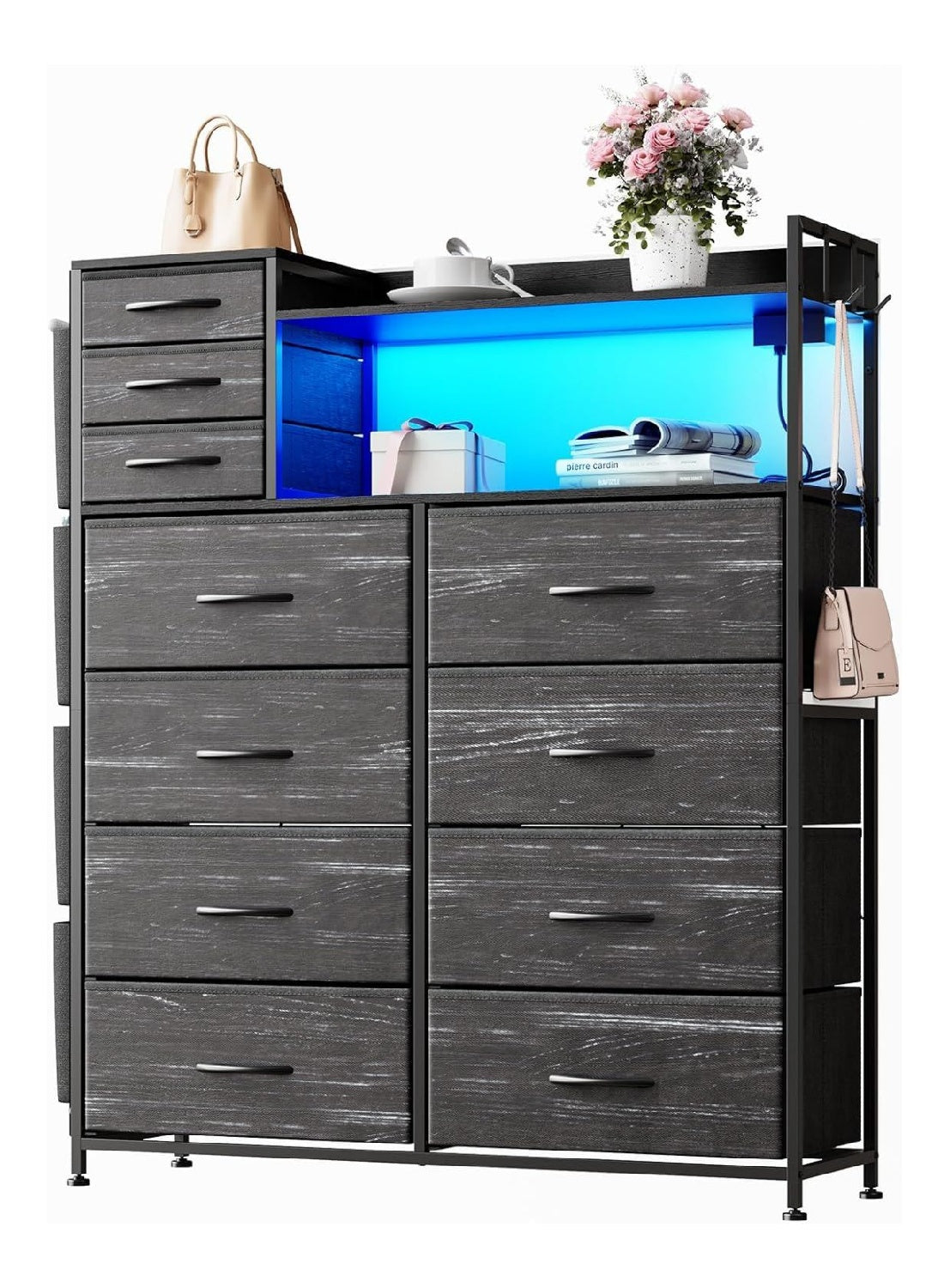 Moderner Schubladenschrank Mit 8+3 Stoffschubladen, USB-Ladestation, LED-Leuchten, Haken Und Regalen,Metallrahmen Und Stabile Holzplatte, Ideal Fur Schlafzimmer, Wohnzimmer Oder Flur,Farbe Adecco