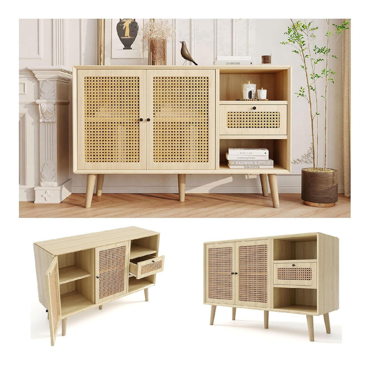 Sideboard mit Rattan, 2 Magnetturen & 1 Schublade, Eiche, 120 cm