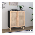 Schwarzes Sideboard aus massivem Kiefernholz und naturlichem Rattan, 60 x 30 x 70 cm, Kuchenschrank, Sideboard, Beistelltisch, Schrank, Schublade, Kommode, Buffet, Wohnzimmer