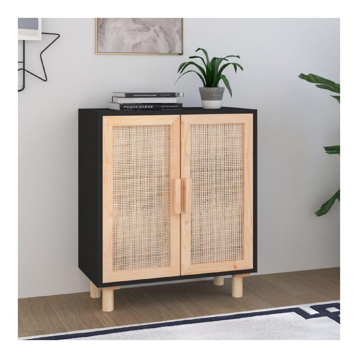 Schwarzes Sideboard aus massivem Kiefernholz und naturlichem Rattan, 60 x 30 x 70 cm, Kuchenschrank, Sideboard, Beistelltisch, Schrank, Schublade, Kommode, Buffet, Wohnzimmer