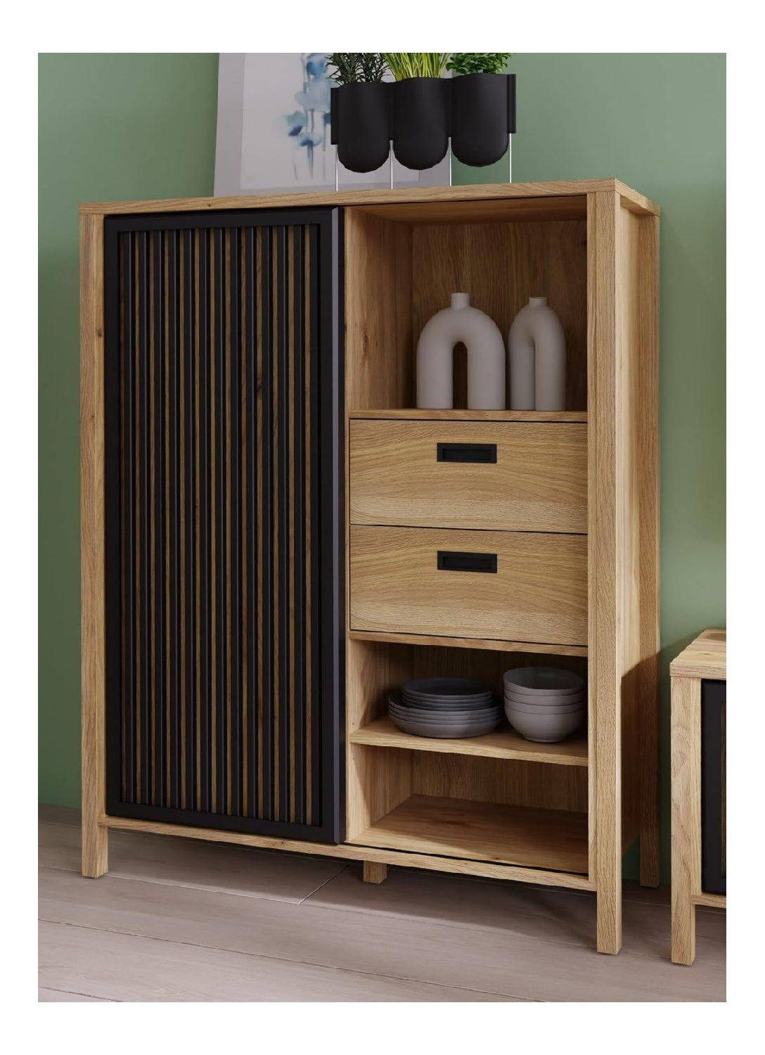 Kommode Jecho in Mauvella Eiche/Schwarz - 103,4x129,9x40,2cm (BxHxT)