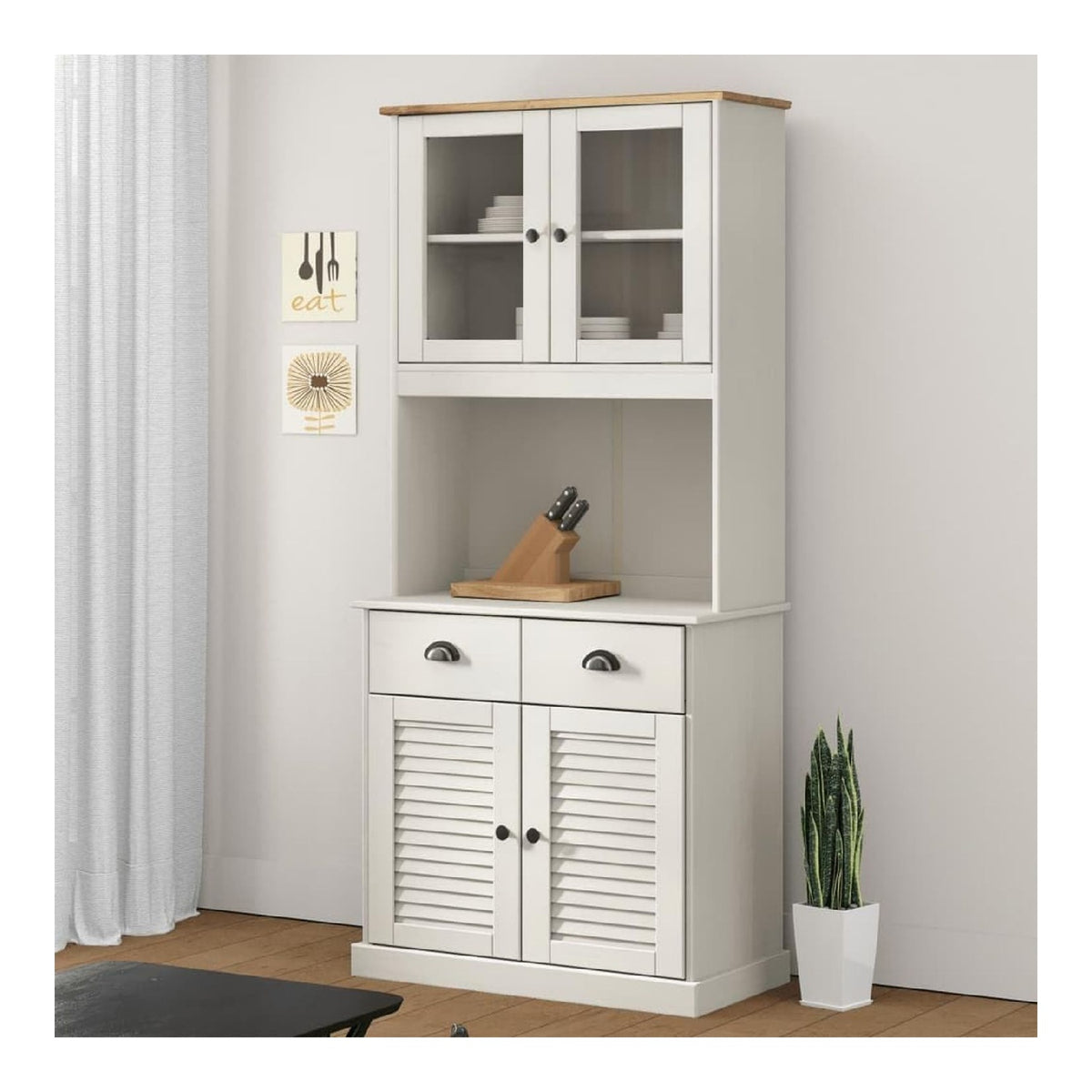 Highboard VIGO Wei 78x40x175 cm, Massivholz Kiefer Schrank mit Glasturen, Schubladen & Fachern, Robustes Buffet fur Wohnzimmer & Kuche