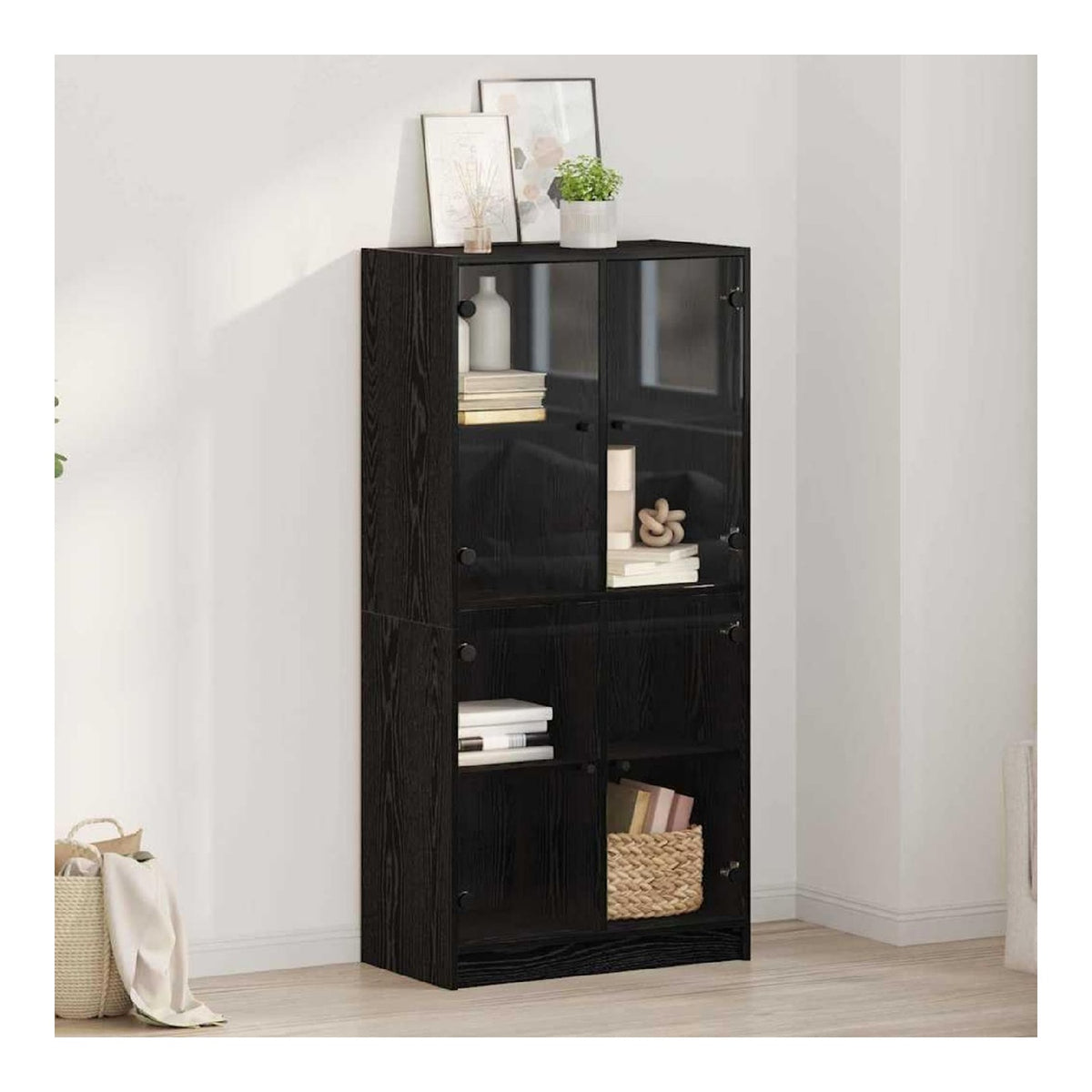Highboard Schwarz Eichen-Optik Holzwerkstoff 68 x 37 x 142 cm mit 4 transparenten Turen modernes Sideboard Wohnzimmer Stauraum Kuchenmobel Buffet Schrank praktisches Design