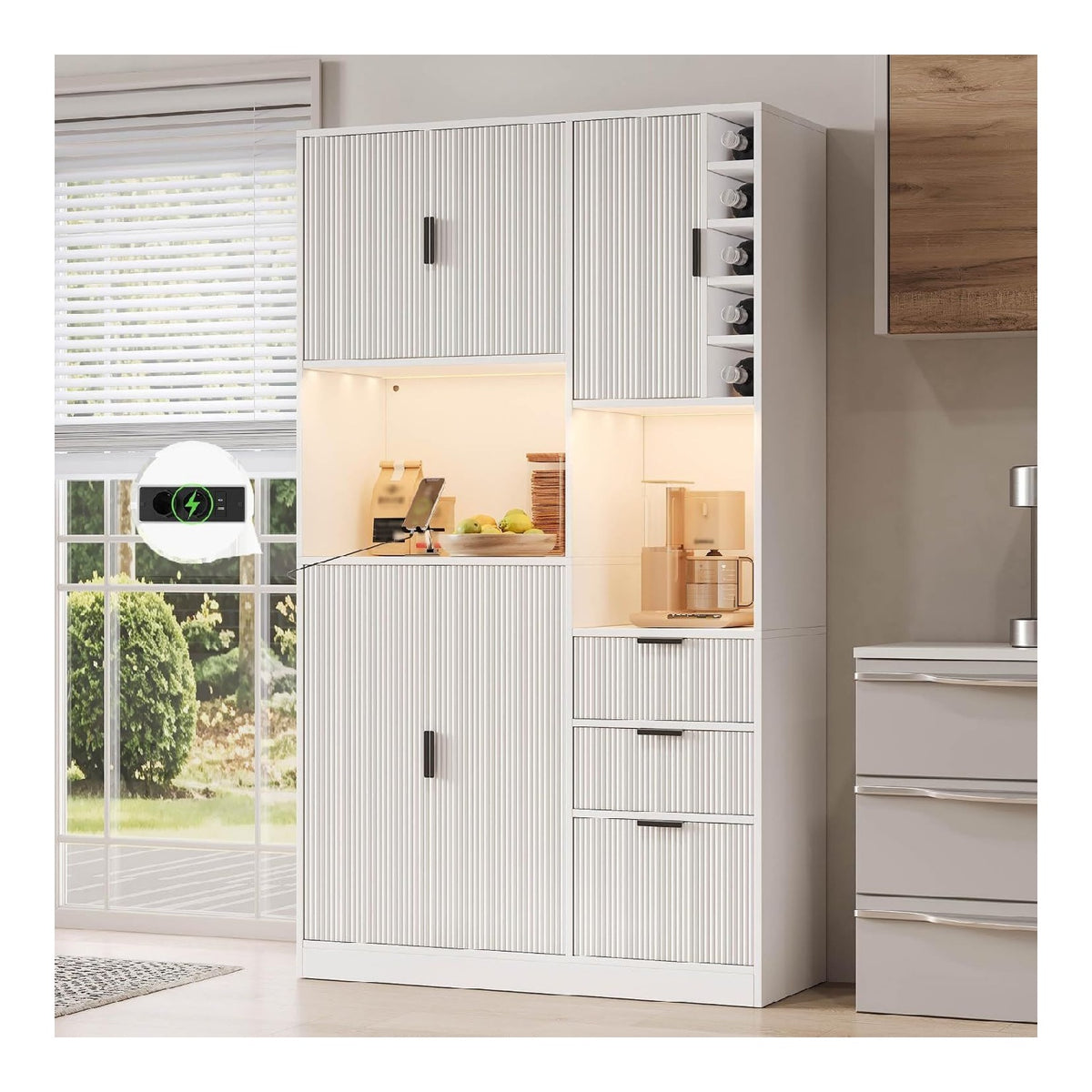 Kuchenschrank Hochschrank Buffetschrank mit LED & Steckdose, Vitrinenschrank mit 3 Schubladen & USB-C, Weinregal Standschrank mit verstellbaren Boden fur Kuche Esszimmer, Wei 105x40x180 cm
