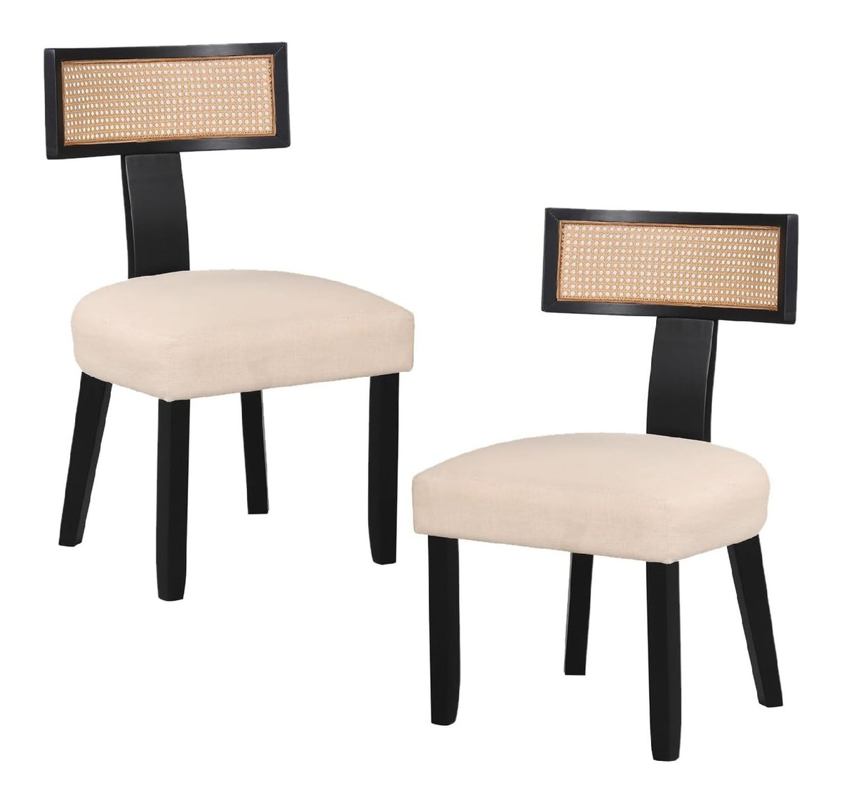 Esszimmerstuhle 2er Set, Kuchenstuhle mit Rattan Ruckenlehne, Holzbeine & gepolsterter Sitz, bis 180 kg belastbar, Holzstuhle Polsterstuhl fur Kuche, Esszimmer & Restaurant (Schwarz+Beige)