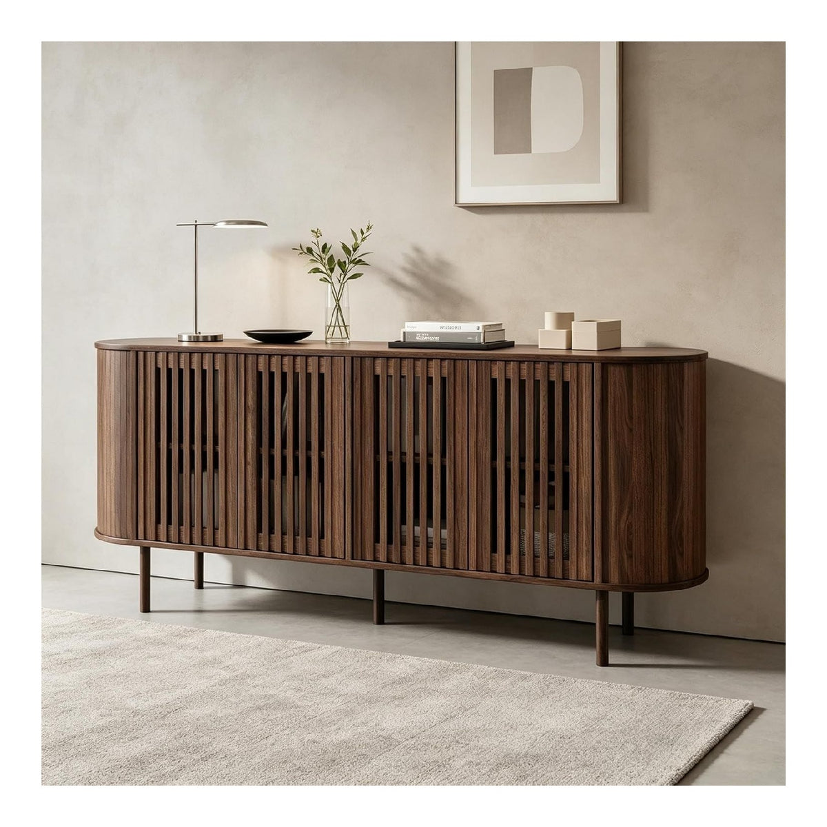 160x40x70cm Sideboard aus MDF mit 4 perforierten Schiebeturen,Walnussholz