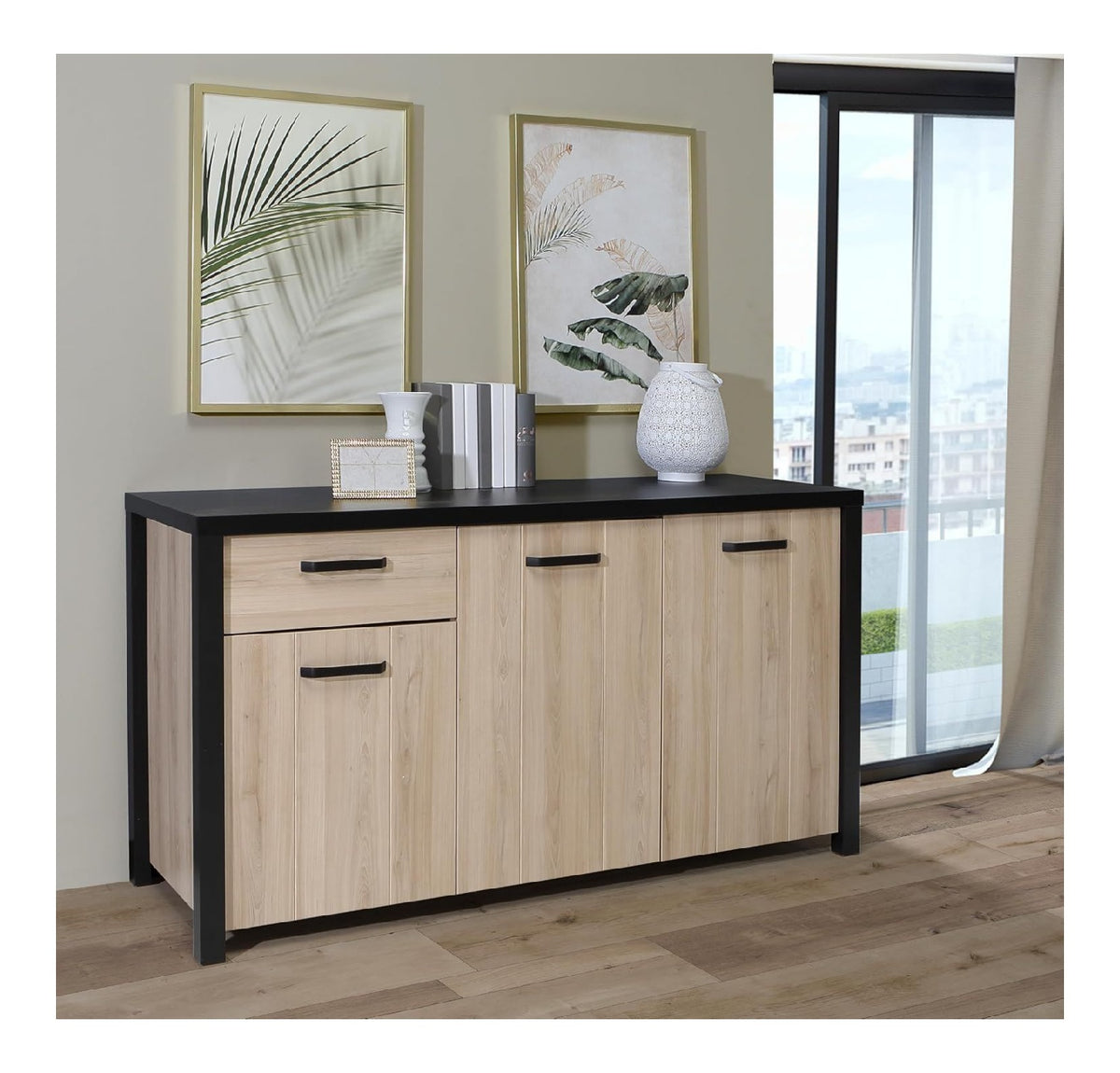 BLACK HILL Sideboard mit 1 Schublade und 3 Turen, Holzwerkstoff, Comano Pflaume/Schwarz, B x H x T: 159,8 x 86,3 x 52,3 cm