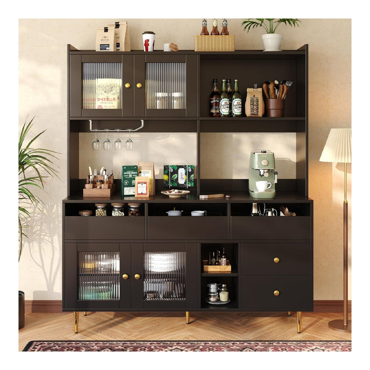 Refined Esszimmer-Hochschrank 145 x 39 x 171 cm mit Lochglasturen Weinglasregal mehrstufigem Stauraum edles Schwarz mit Golddekor geeignet fur den Einsatz im Esszimmer