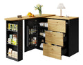 Ausziehbarer Bartisch mit Stauraum(138-204 x 39 x 104cm), 360 drehbare Essbar,Moderner Beweglicher Bar Table,Hochtisch Kucheninsel Bistro Table, Sideboard mit Holzmaserung (Black 3)