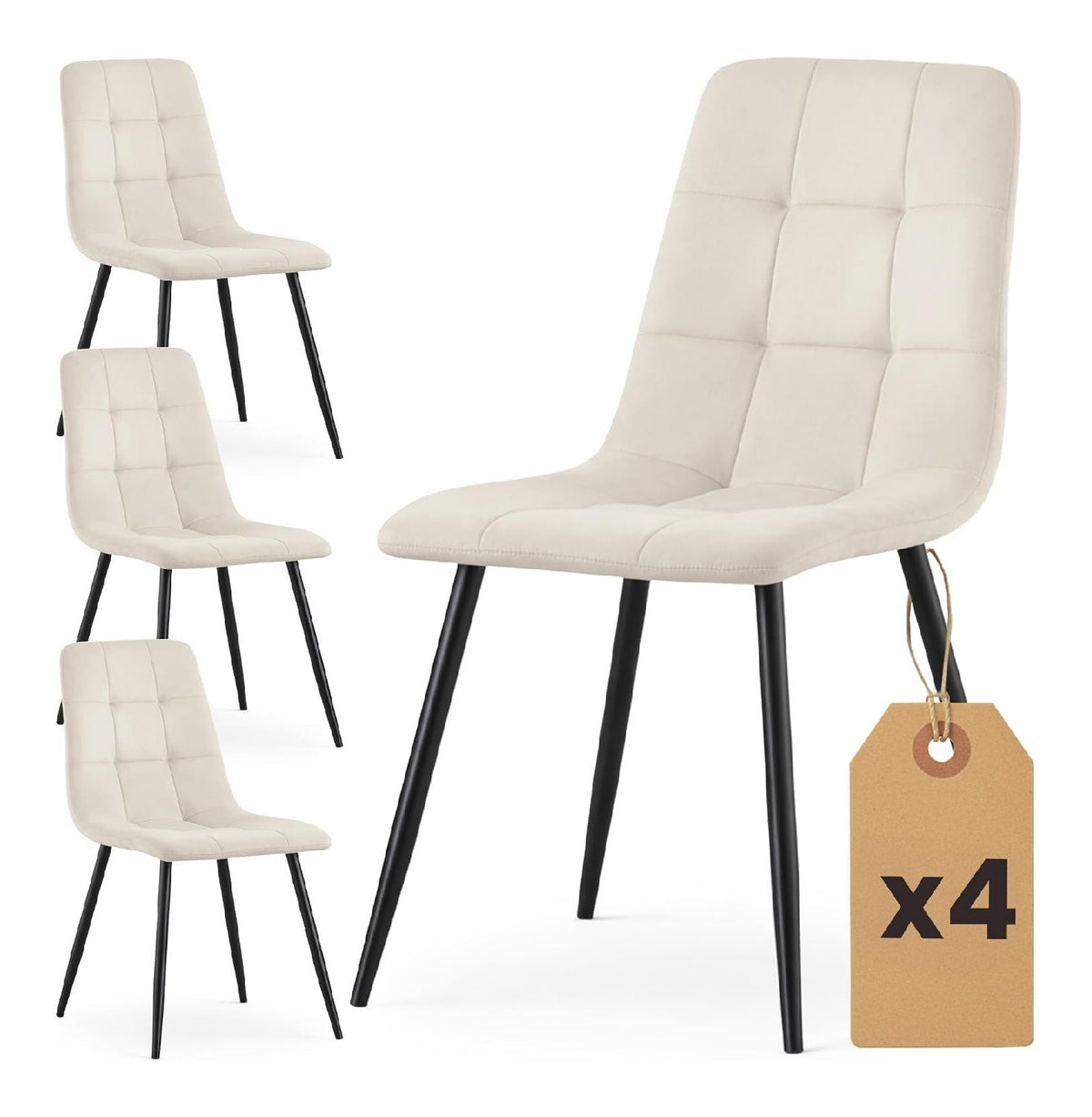 4er Set Samt Polsterstuhl Esszimmerstuhle Nero Gesteppt, Schwarzen Metallbeinen, Belastbar bis 130 kg, Polsterstuhle fur Kuche & Esszimmer, 43,5 x 45,5 x 87, Beige