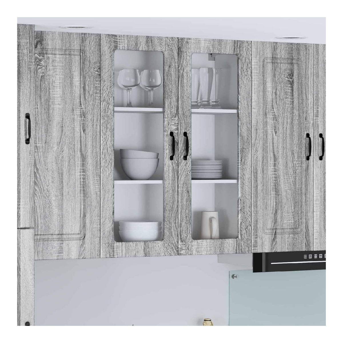 Wandglas-Schrank Lucca Graues Sonoma 80 x 31 x 100 cm Kuchen-Wandschrank mit 2 Turen, 3 Regalen, Holzwerkstoff, langlebiger Stauraum fur Kuchen, Sideboard, Anrichte, Buffet, Mehrzweckschrank