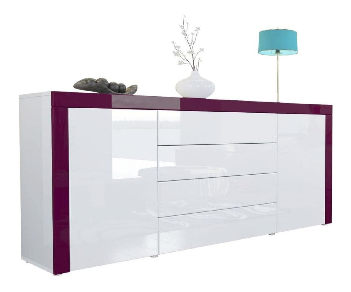 Sideboard Kommode La Paz, Made in Germany, Korpus in Wei Hochglanz/Front in Wei Hochglanz mit Rahmen in Brombeer Hochglanz