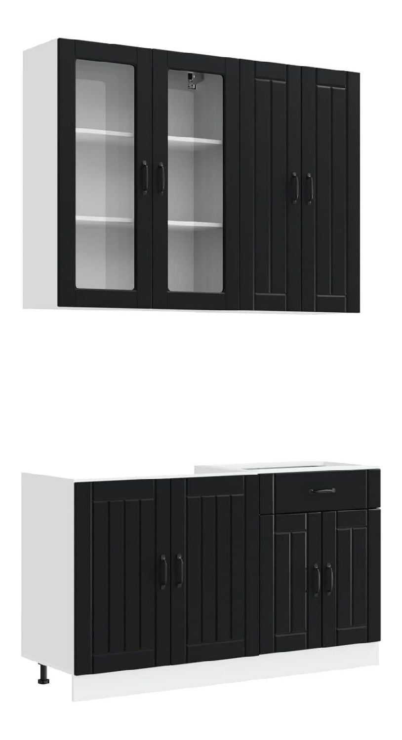 Kuchenschrank-Set 4-teilig, 80 x 31 x 100 cm, Schwarz, Holzwerkstoff, mit Glastur und Schublade, Wandmontage