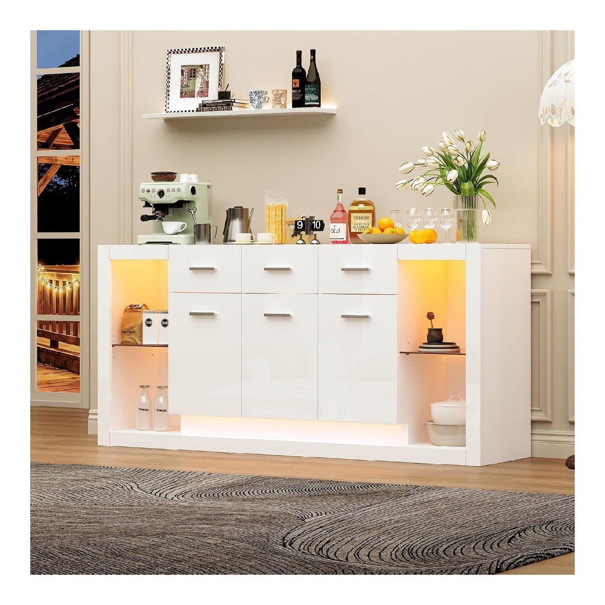 Sideboard Kommode Hochglanz Wei mit LED-Beleuchtung - TV Schrank 160x40x75 cm, Aufbewahrungsschrank mit 3 Schubladen & 14 Fachern, Beistellschrank mit gehartetem Glas, fur Wohnzimmer & Schlafzimmer