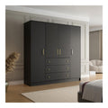 Drehturenschrank RILO mit 4 Turen und Goldfarbene Griffe, Kleiderstange, 8 Regalboden, 3 Schubladen, Farbe: Wei oder Schwarz, Breite: 196 cm (Schwarz)