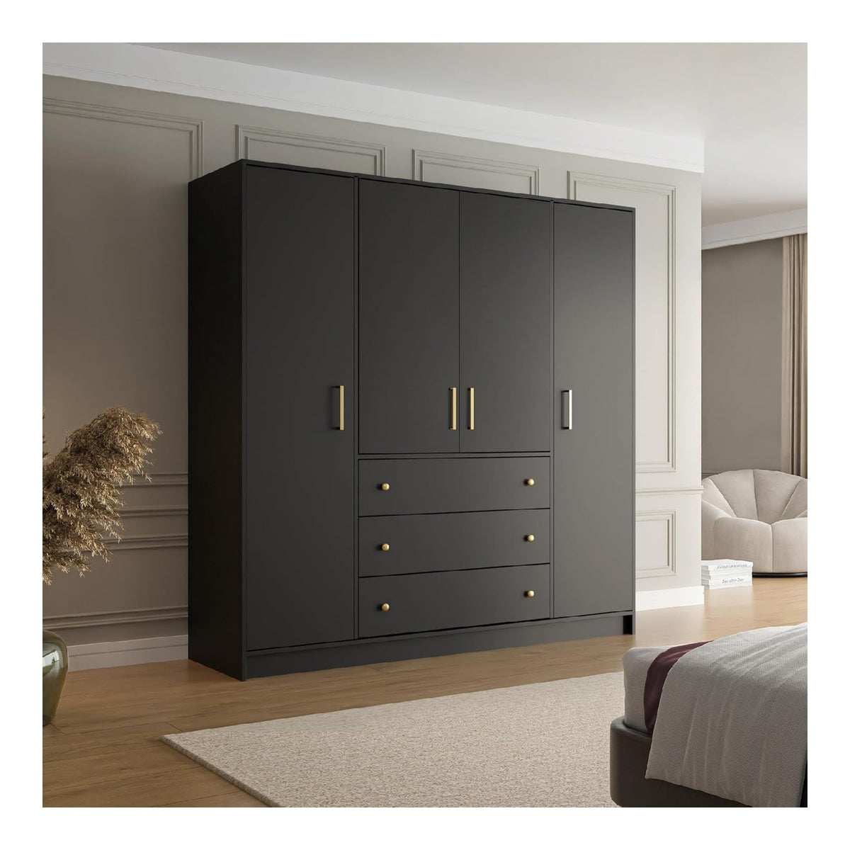 Drehturenschrank RILO mit 4 Turen und Goldfarbene Griffe, Kleiderstange, 8 Regalboden, 3 Schubladen, Farbe: Wei oder Schwarz, Breite: 196 cm (Schwarz)
