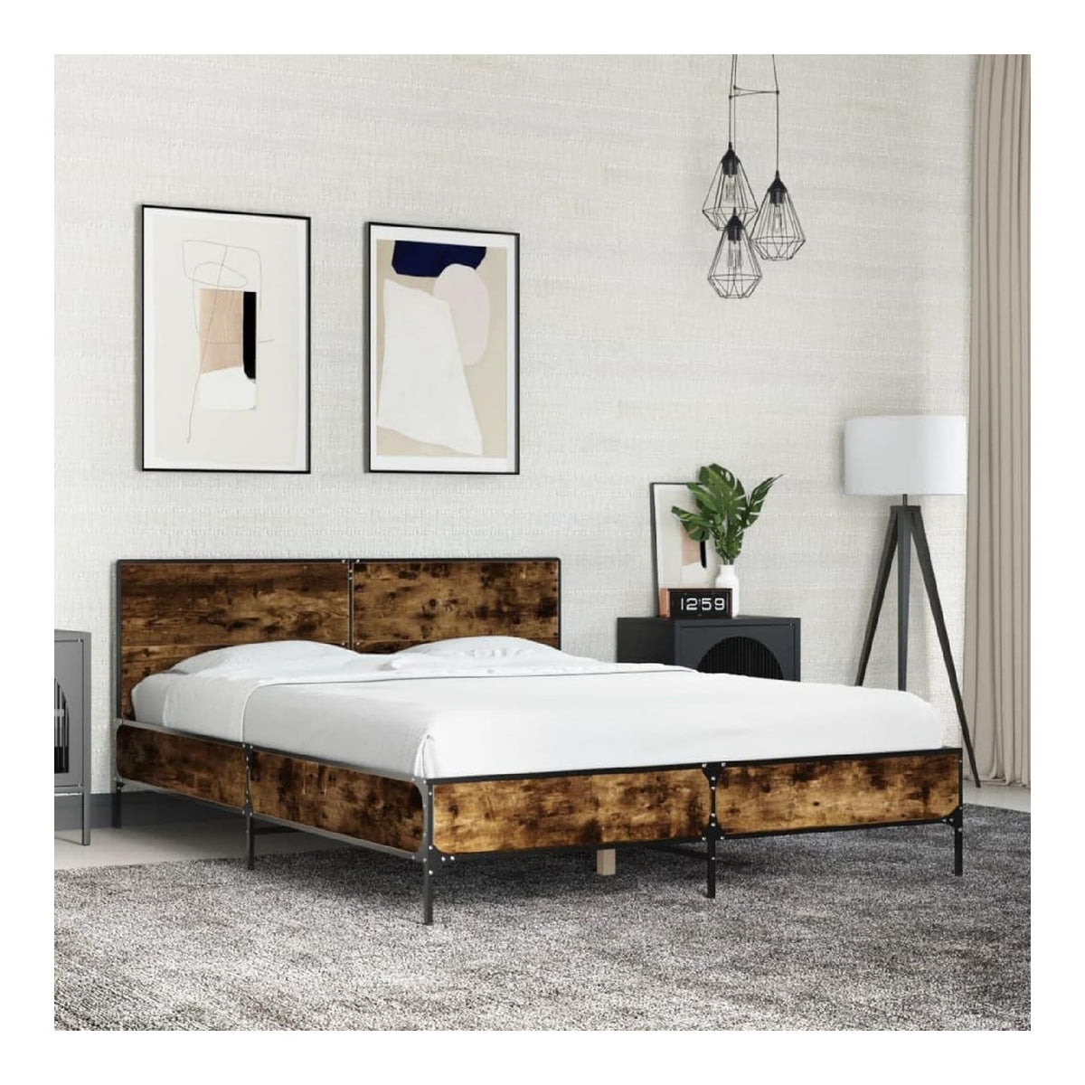 Bettgestell Rauchereiche 140x190 cm, Holzwerkstoff und Metall, Stabiler Lattenrost, modernes Schlafzimmermobel fur erholsamen Schlaf