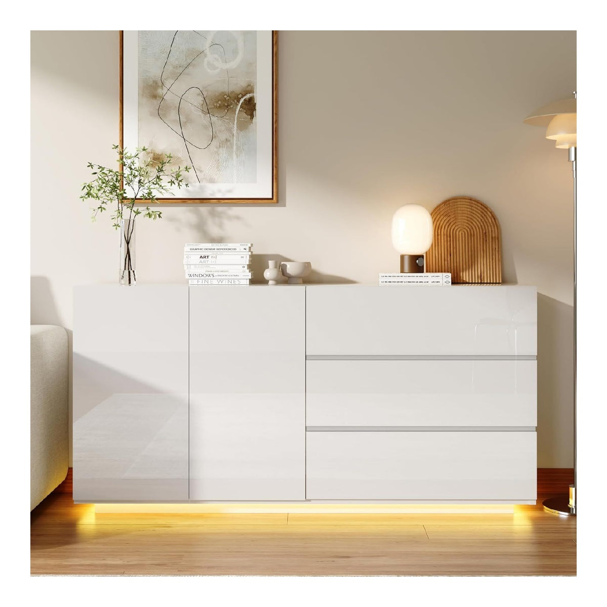 Buffet mit LED-Beleuchtung und 3 Schubladen, Aufbewahrungsschrank aus Holz, Esszimmer-Buffet, Kuchenbuffets, Kommode mit 2 Turen und Fach, Kuchenschrank fur Wohnzimmer