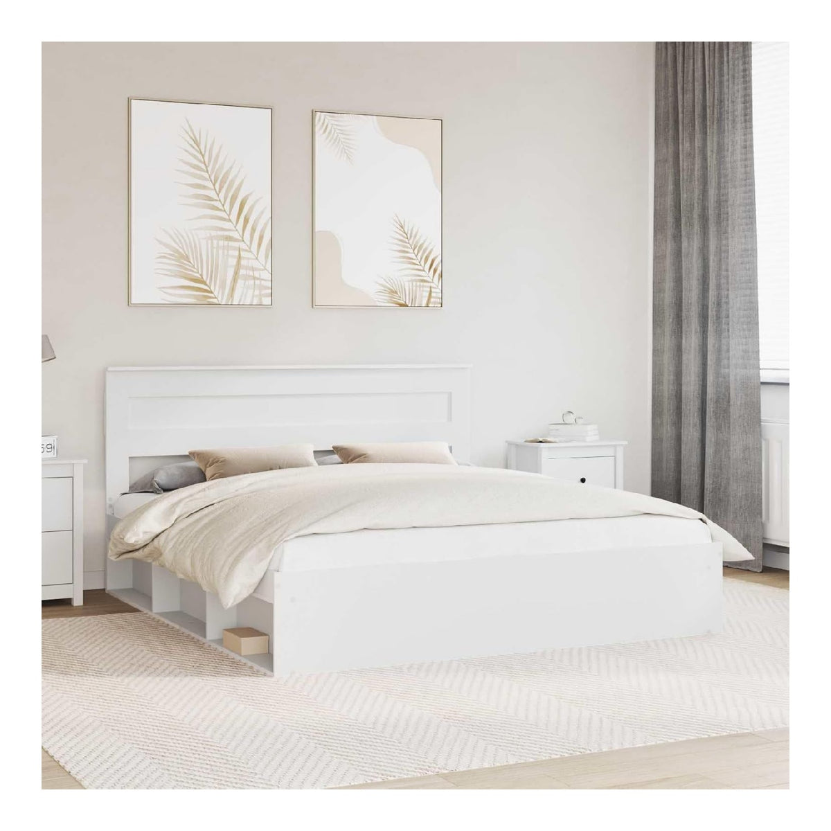 Wei es Bettgestell 200x200 cm, Massives Kiefernholz, Modernes Design, Holzwerkstoffrahmen, Langlebiges Schlafzimmermobel, Einfache Montage