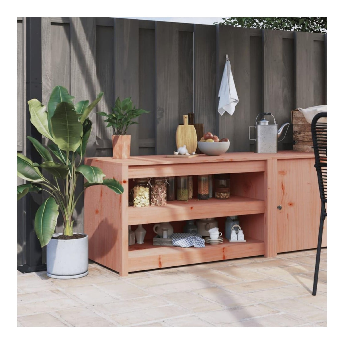 Outdoor-Kuchenschrank MEPPEL Massivholz Douglasie 106x55x64 cm Anrichte mit Stauraum, Schublade, Tur, Arbeitsplatte fur Garten, Terrasse, Esszimmer oder Speisekammer