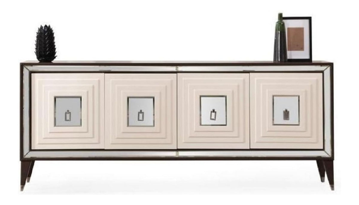 Luxus Sideboard Dunkelbraun/Creme/Silber 220 x 48 x H. 90 cm - Verspiegelter Massivholz Schrank mit 4 Turen - Esszimmer Mobel - Luxus Mobel - Luxus Einrichtung