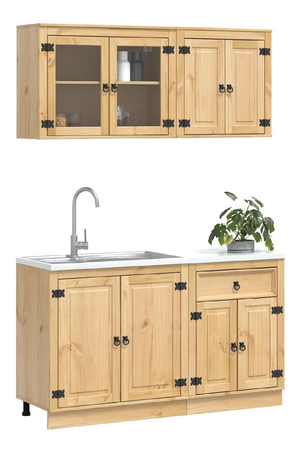 Schrank mit Regal SKI 4 pcs Honigbraun Massives Kiefernholz, Stylischer Schrank, rechteckiges Buffet, modernes Stauraumwunder, vielseitige Anrichte aus Kiefernholz