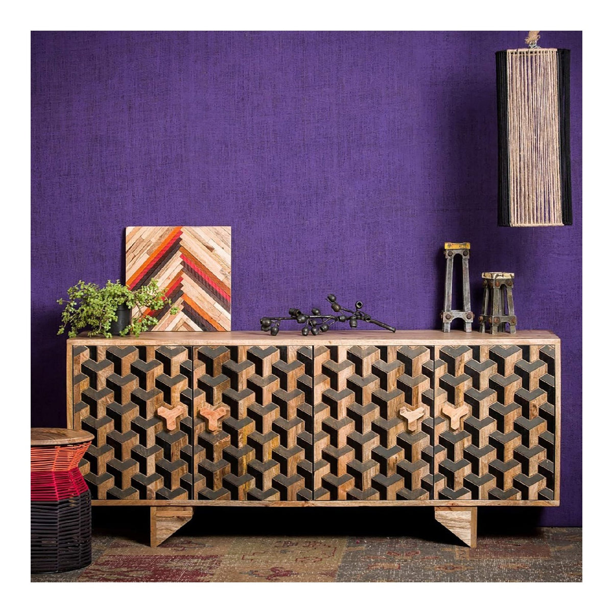 Sideboard 3D, mit Muster, Modern, Massiv, mit Turen, Mangoholz, Kommode, H x B x T: 75 x 177 x 45 cm, Braun