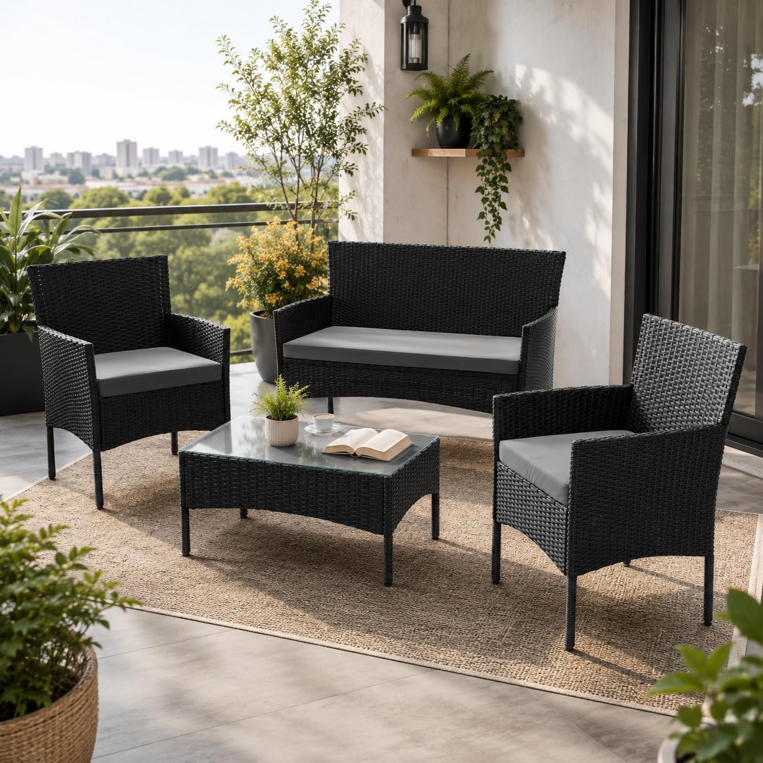 Hochwertige Polyrattan GartenloungeSet Fort Myers 4 Personen ausgestattet mit 2er Sofa 2 Stuehle Sitzkissen witterungsbest?ndig schwarz grau Balkonmoebel Gartenmoebel Set Variante 695