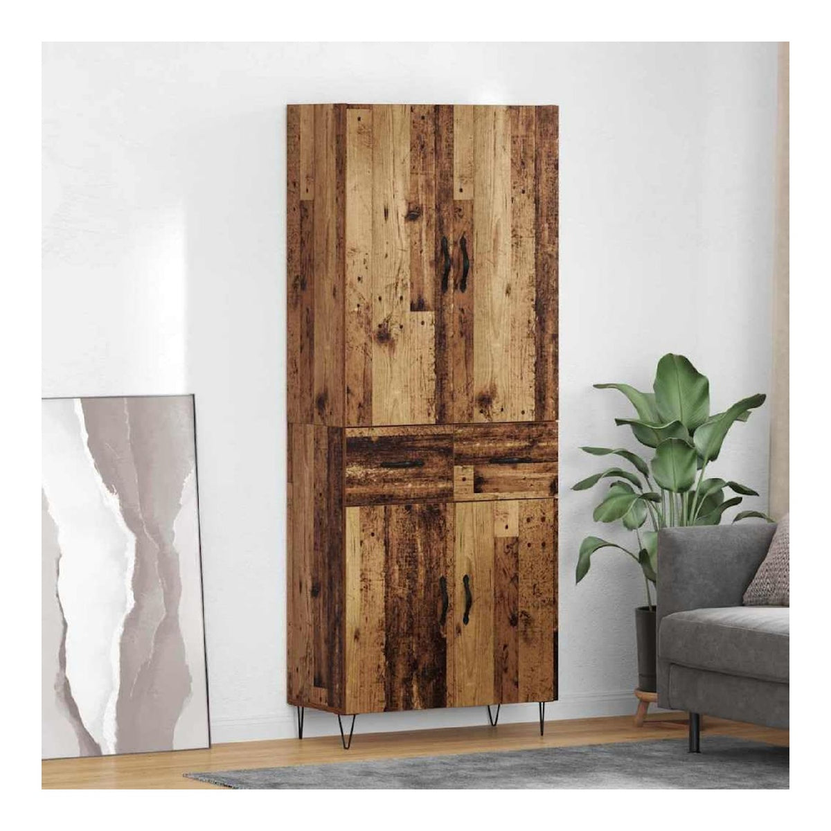 Highboard mit Schubladen aus Altholz und Ingenieurholz, Glas, 69,5 x 34 x 180 cm, 2-teiliges Sideboard Buffet Cabinet mit Stauraum fur Wohnzimmer und Esszimmer