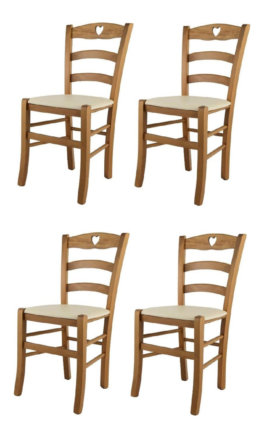Tommychairs - 4er Set Stuhle CUORE fur Kuche und Esszimmer, Robuste Struktur aus lackiertem Buchenholz im Farbton Eichenholz und gepolsterte Sitzflache mit Kunstleder in der Farbe Elfenbein bezogen