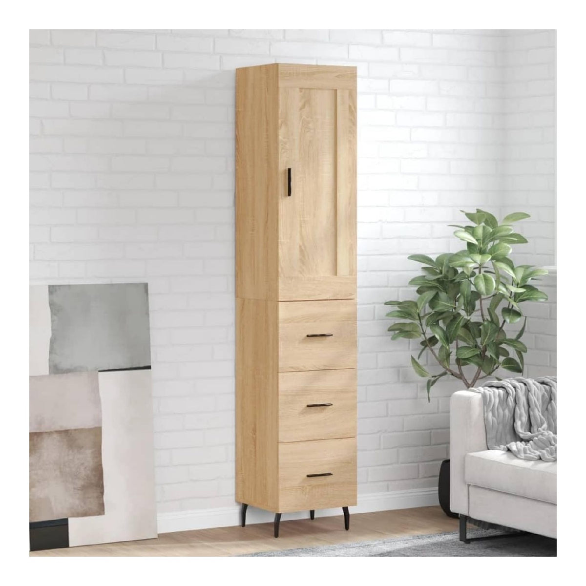 Highboard Sonoma-Eiche Holzwerkstoff 34,5x34x180 cm mit Metallfu en, Sideboard Buffet Cabinet mit Stauraum, Kuchen- und Esszimmer Schrank, langlebig und stabil