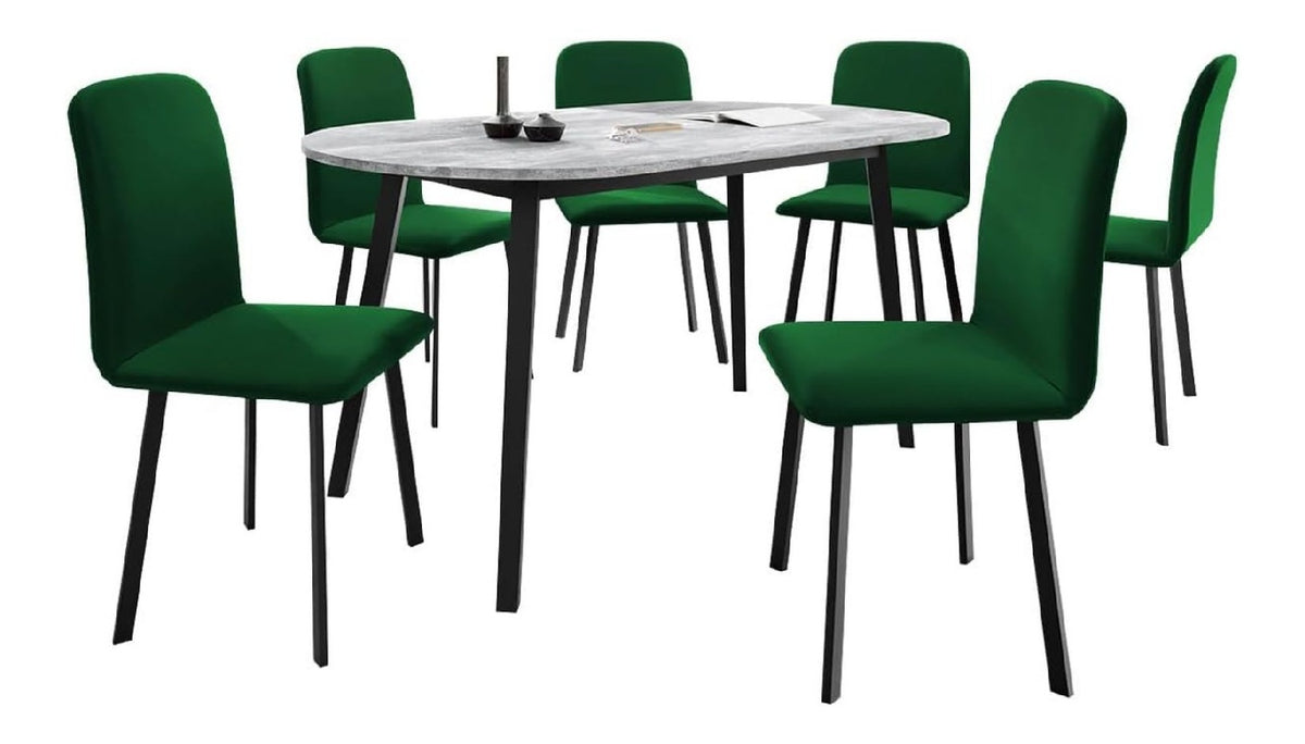 Essgruppe ML06, Rechteckiger ausziehbarer Esstisch Kugani S mit 6 Stuhlen Lanoi, Sitzgruppe, Kuchentisch, Esstisch, Esszimmerstuhle (Amor Velvet 4311, Grau Marmor/Schwarz)