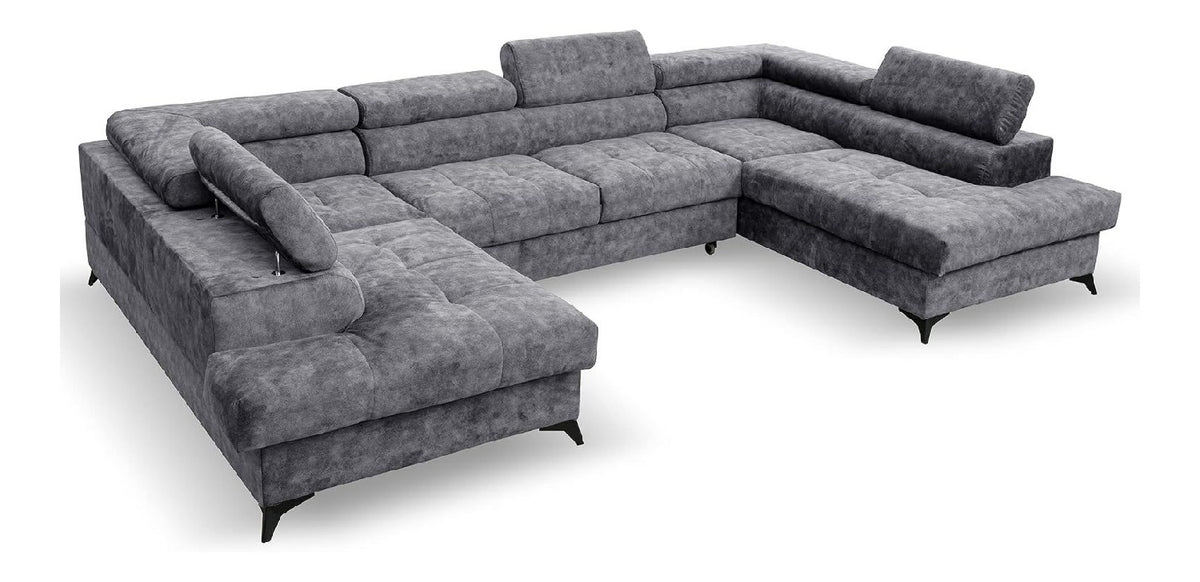 Margaret Hadas24 Ecksofa U Form Palermo, Schlaffunktion, Bettkasten, 345x202 cm, Verstellbare Kopfstutzen Sofa XXL, 5 Sitzer Schlafsofa Schlafcouch Big Sofa Bettsofa Wohnlanschaft Bettzeugablage grau