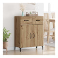 Sideboard Eiche handgefertigt, 69,5 x 34 x 90 cm, aus technischem Holz, modernes Design, schwarze Fu e, Aufbewahrung mit Schubladen und Regalen, fur Wohnzimmer oder Esszimmer