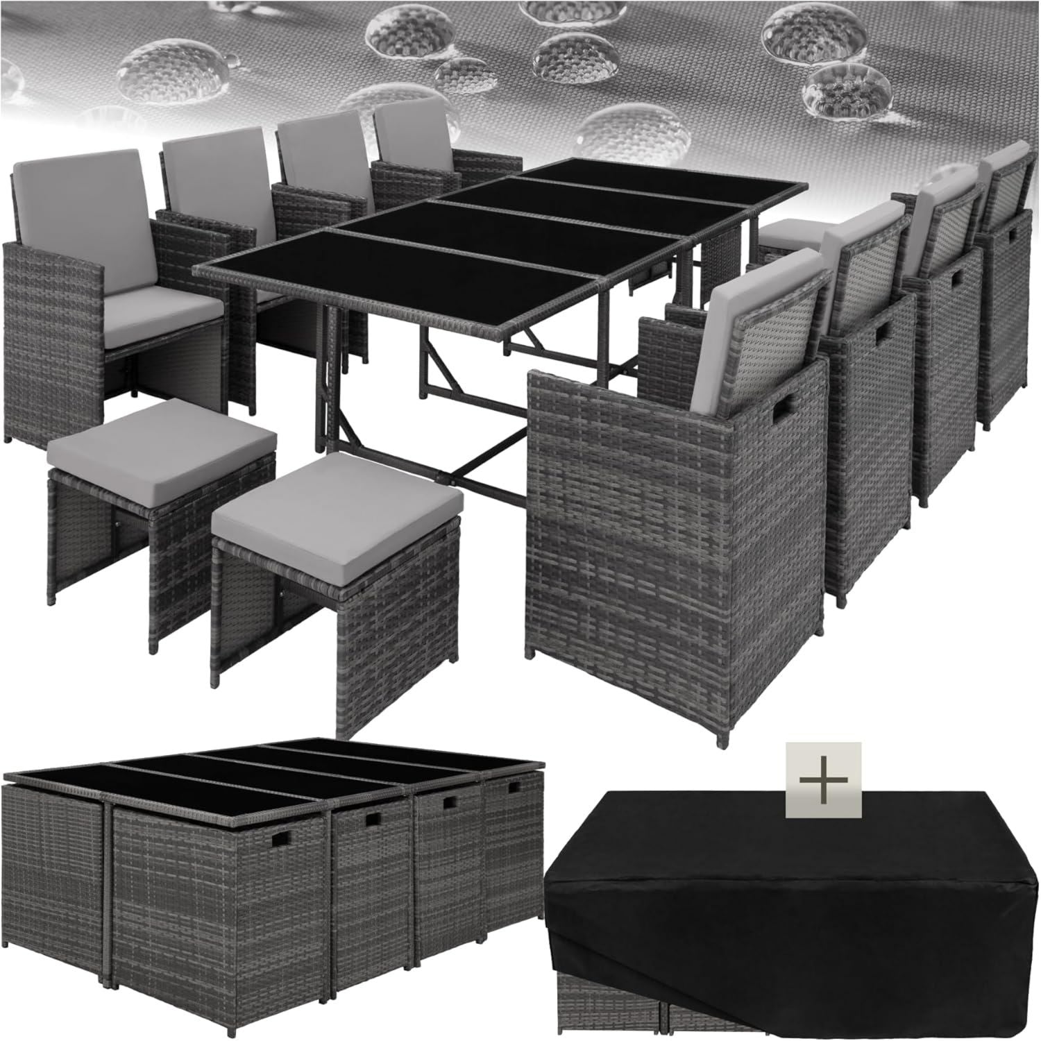 Hochwertige tectake Gartenlounge Set Polyrattan Gartenmoebel Set 8 4 1 Terrassenm?belSet 8 Stuehle 4 Fu?fu?hocker 1 Balkon Moebel als Wuerfel verstaubar geeignet f¨¹r Balkon Terrasse grau hellgrau Variante 446